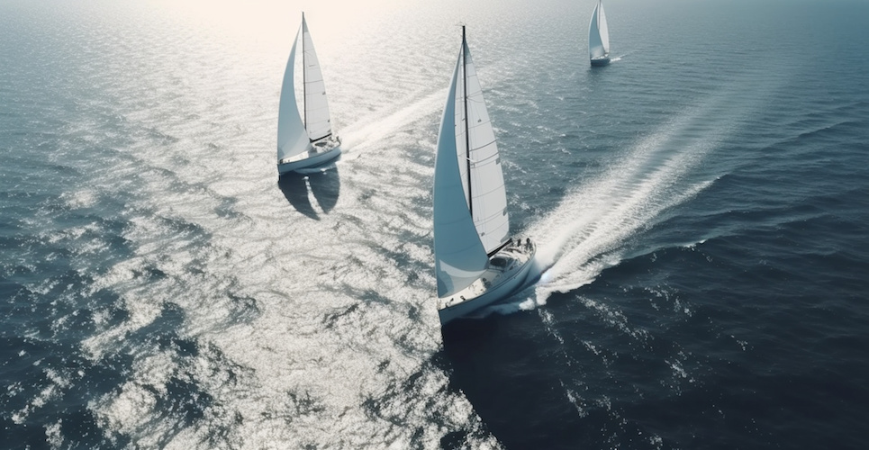 Regatta sailing ship yachts with white sails at opened sea, Aerial view of sailboat in windy condition